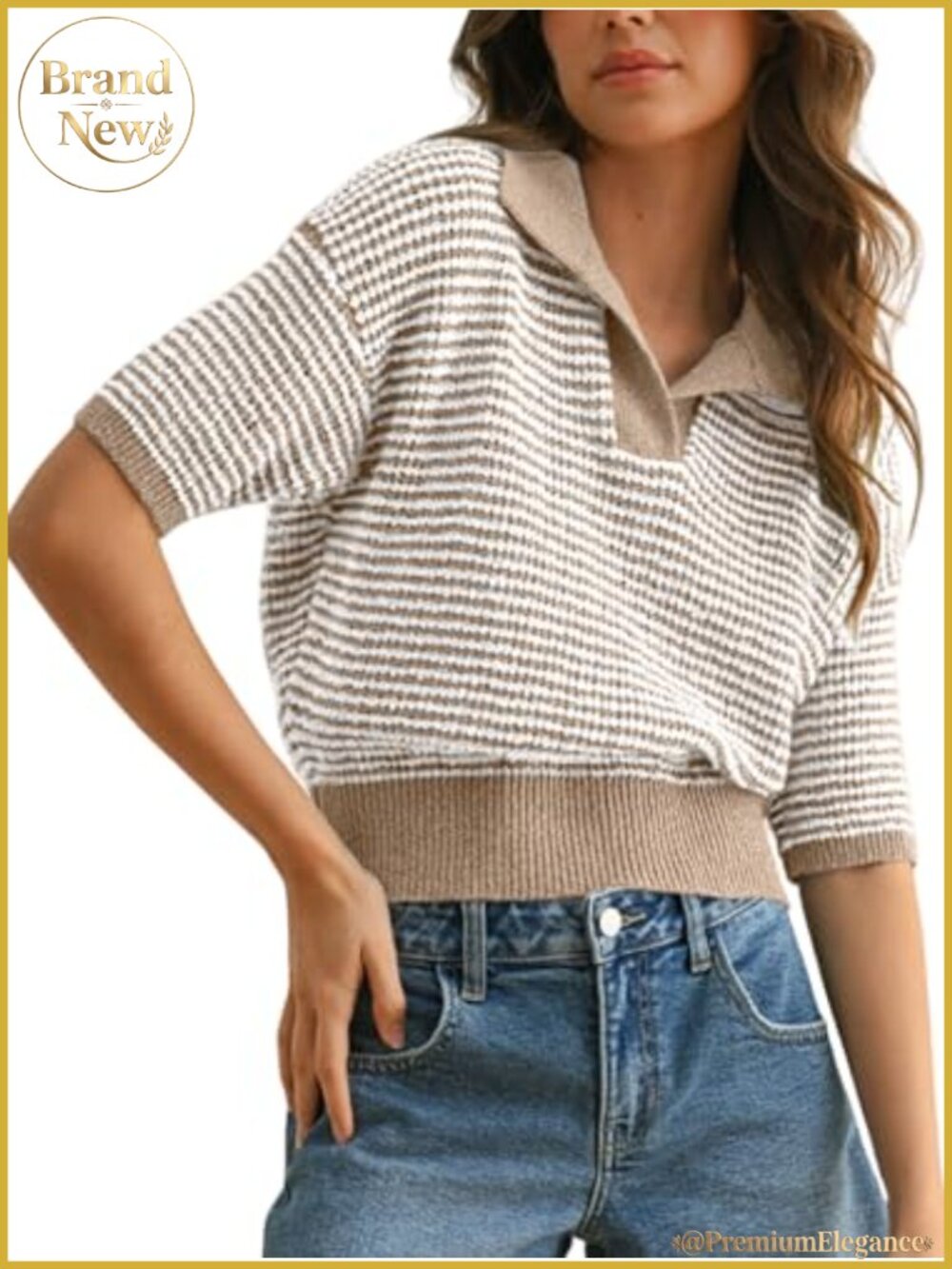 Women's Striped Cropped Knit Sweater Short Puff Sleeve V-Neck Pullover Fall Top